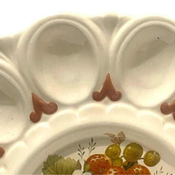 Vintage 12 Deviled Egg Plate Ceramic Cream Center Design Strawberries & Plums - Picture 4 of 16